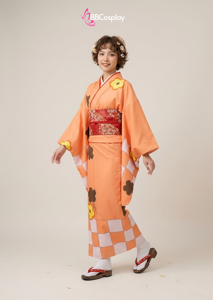 Trang Phục Kimono Nhật Bản Màu Cam Hoa Hướng Dương Vàng
