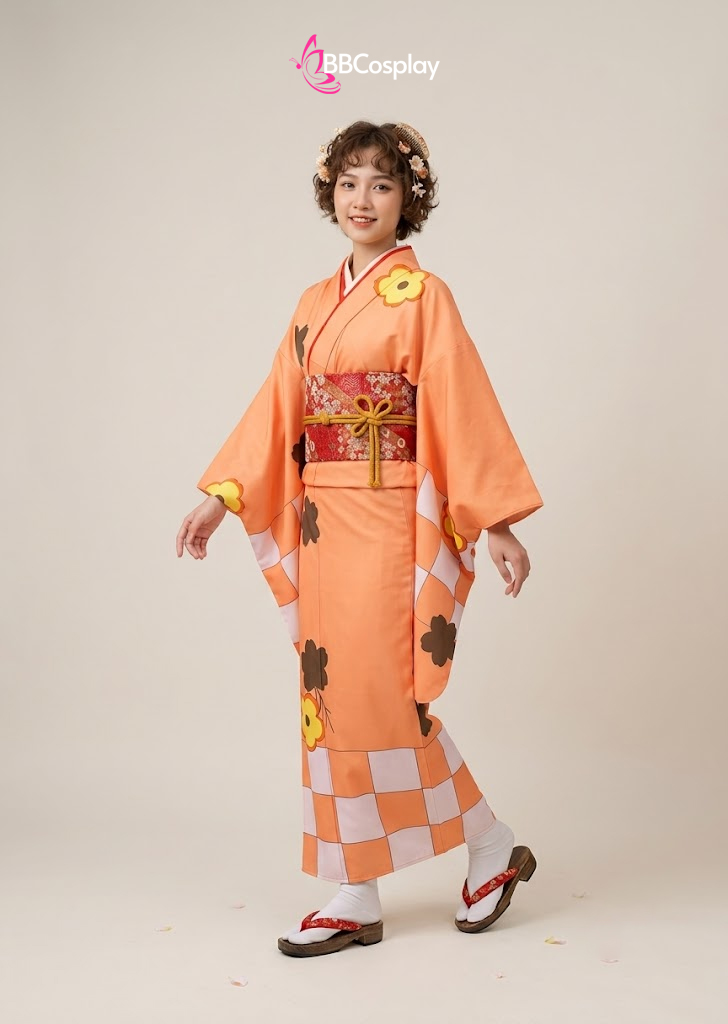 Trang Phục Kimono Nhật Bản Màu Cam Hoa Hướng Dương Vàng
