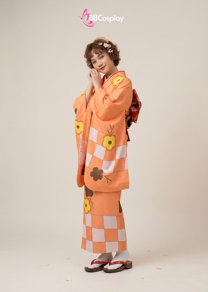 Trang Phục Kimono Nhật Bản Màu Cam Hoa Hướng Dương Vàng