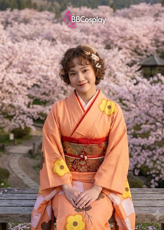 Trang Phục Kimono Nhật Bản Màu Cam Hoa Hướng Dương Vàng