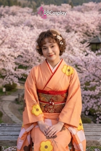 Trang Phục Kimono Nhật Bản Màu Cam Hoa Hướng Dương Vàng