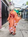 Trang Phục Kimono Nhật Bản Màu Cam Hoa Hướng Dương Vàng