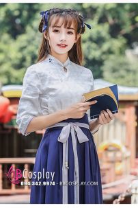 Hán Phục Cách Tân Áo Trắng Váy Xanh Mùa Thu Đông