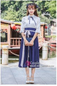 Hán Phục Cách Tân Áo Trắng Váy Xanh Mùa Thu Đông