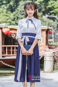 Hán Phục Cách Tân Áo Trắng Váy Xanh Mùa Thu Đông