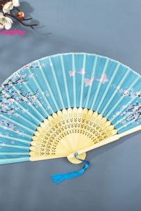 Quạt Xếp Xanh Ngọc Nhành Đào Có Bướm Hồng