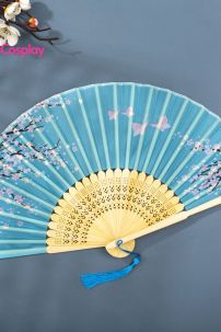 Quạt Xếp Xanh Ngọc Nhành Đào Có Bướm Hồng