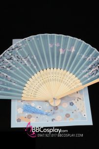 Quạt Xếp Xanh Ngọc Nhành Đào Có Bướm Hồng