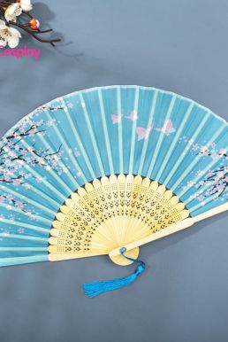 Quạt Xếp Xanh Ngọc Nhành Đào Có Bướm Hồng