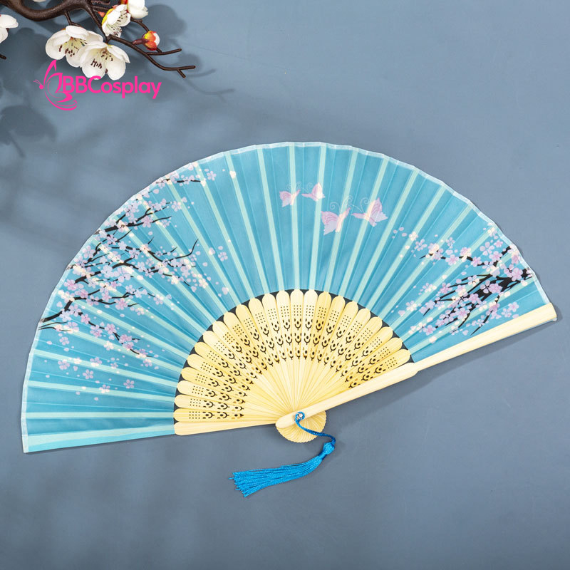 Quạt Xếp Xanh Ngọc Nhành Đào Có Bướm Hồng