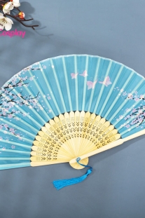 Quạt Xếp Xanh Ngọc Nhành Đào Có Bướm Hồng