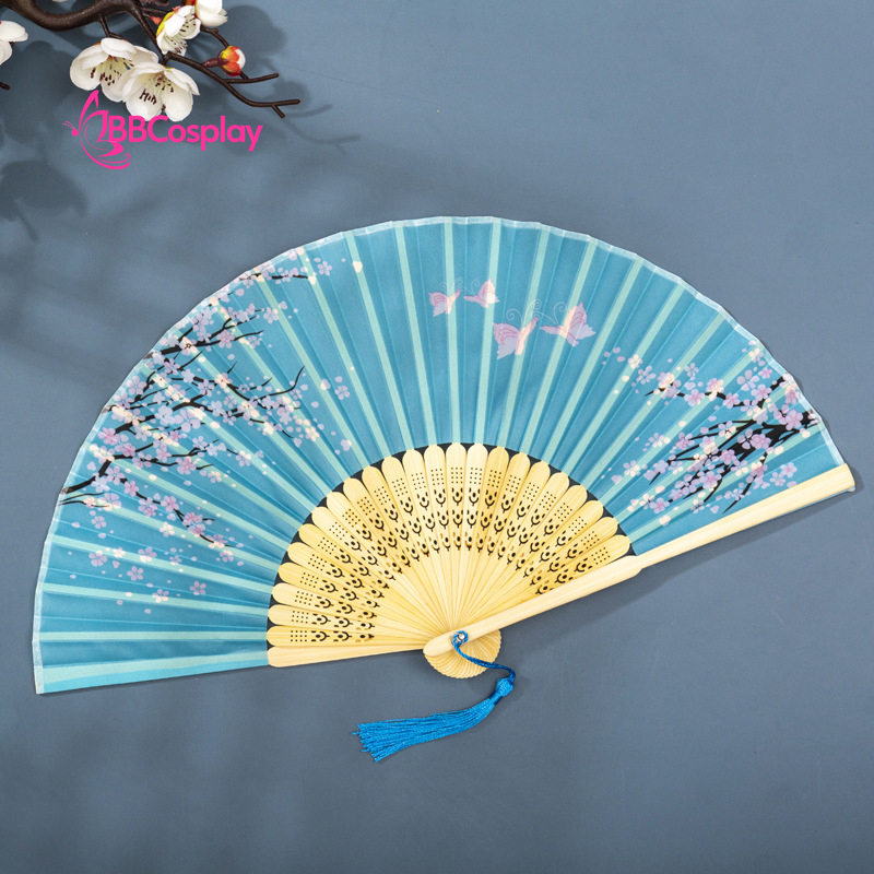 Quạt Xếp Xanh Ngọc Nhành Đào Có Bướm Hồng