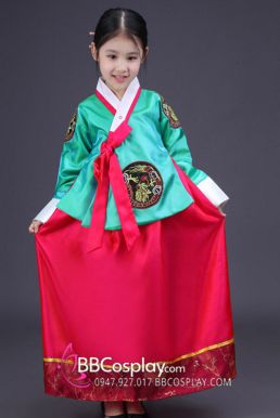 Hanbok Trẻ Em Áo Xanh Ngọc Lục Váy Hồng