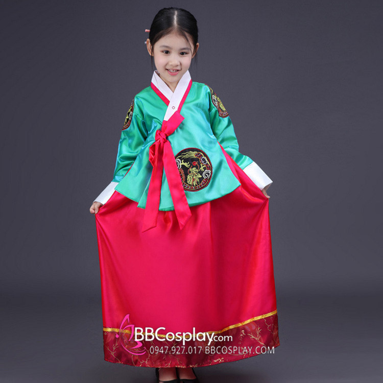 Hanbok Trẻ Em Áo Xanh Ngọc Lục Váy Hồng