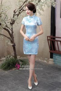 Sườn Xám Ngắn Xanh In Hoa