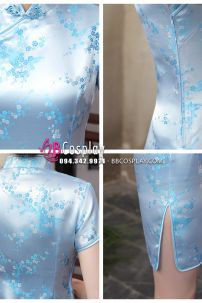 Sườn Xám Ngắn Xanh In Hoa