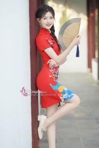 Sườn Xám Đỏ Trung Hoa Hiện Đại In Hình Hí Kịch