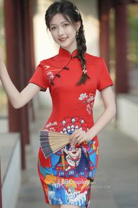 Sườn Xám Đỏ Trung Hoa Hiện Đại In Hình Hí Kịch