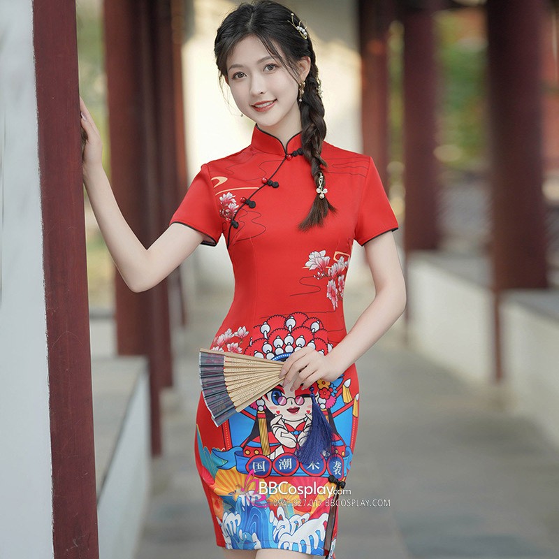 Sườn Xám Đỏ Trung Hoa Hiện Đại