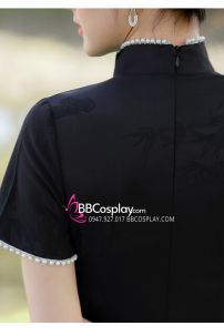 Sườn Xám Đen Viền Ngọc Trai