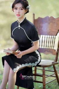 Sườn Xám Đen Viền Ngọc Trai