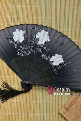 Uchiwa Quạt Vải Nhật Màu Đen - Hoa Mẫu Đơn Trắng