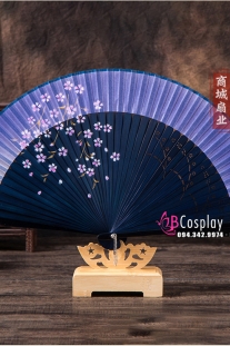 Quạt Vải Uchiwa Nhật Bản - Xanh Đậm Hoa Đào Nhí