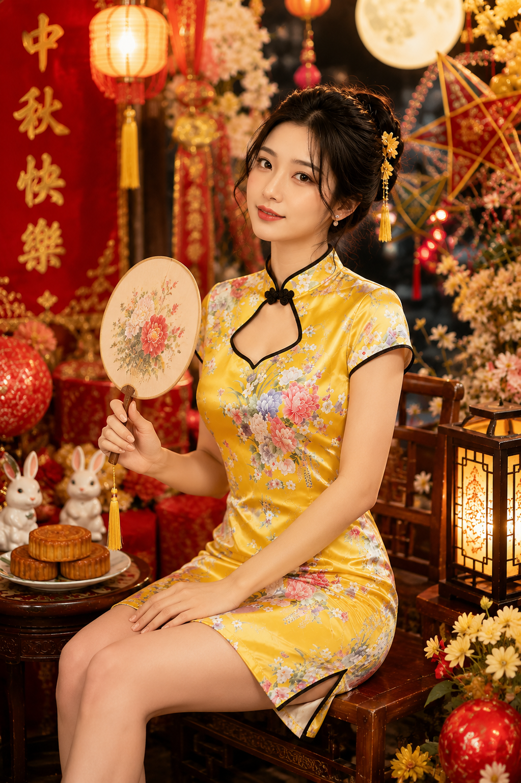 Sườn Xám Bách Hoa Vàng Phi Size M