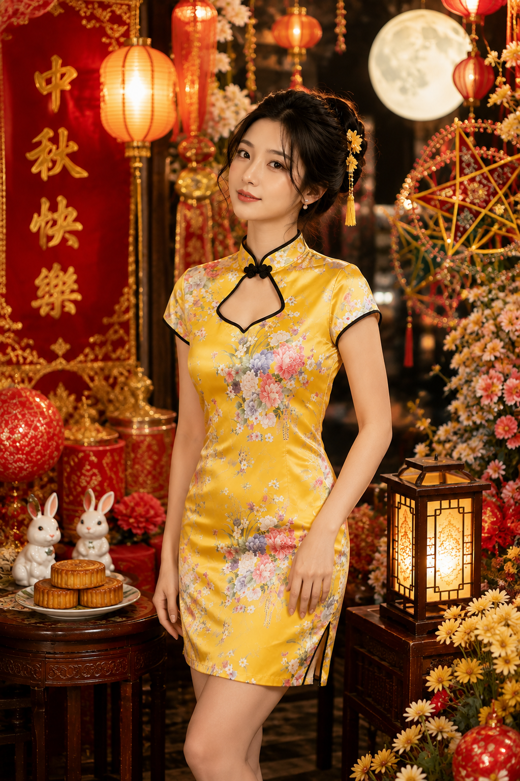 Sườn Xám Bách Hoa Vàng Phi Size M