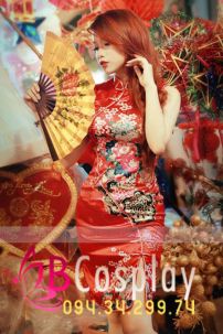 Sườn Xám Đỏ Hoa Ngắn