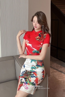 Sườn Xám Ngắn Trên Gối Xẻ Đùi Hoạ Tiết Hot Trend 2023 Đỏ Cam