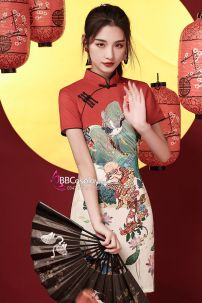 Sườn Xám Cách Tân Hồng Phụng Liên Hoa