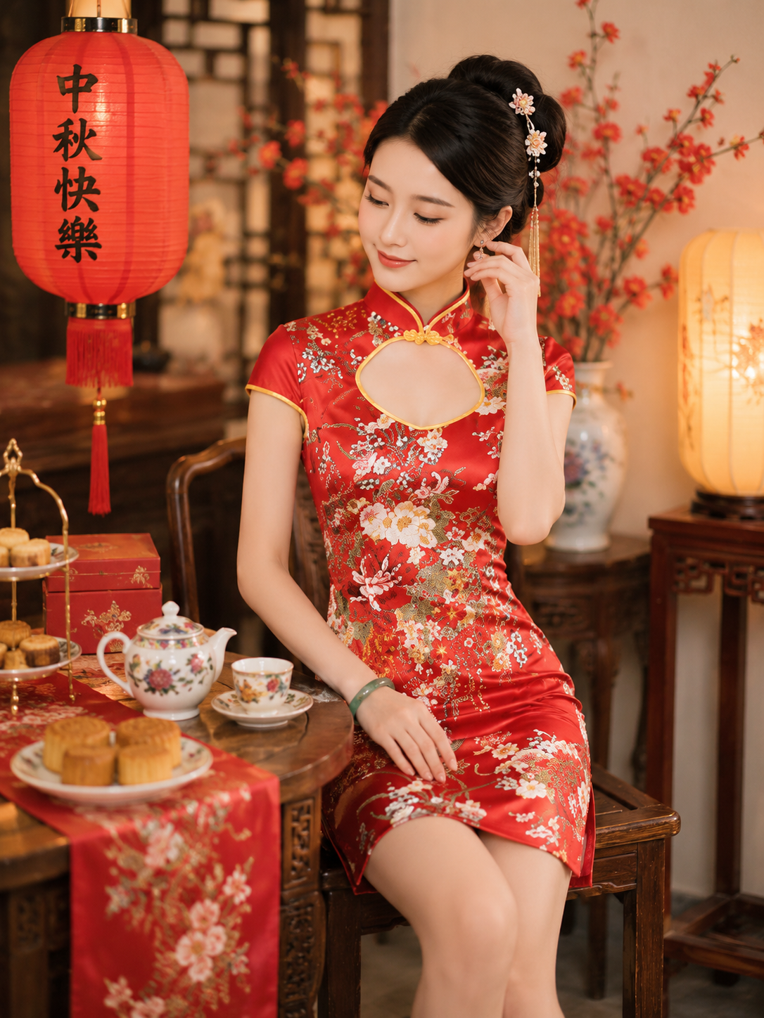 Sườn Xám Phi Đỏ Ngắn Có Tay Thời Thượng Cổ Khoét