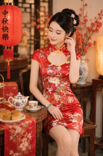 Sườn Xám Phi Đỏ Ngắn Có Tay Thời Thượng Cổ Khoét