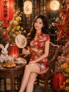 Sườn Xám Phi Đỏ Ngắn Có Tay Thời Thượng