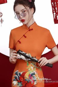 Sườn Xám Hiện Đại Cam Orange Cam
