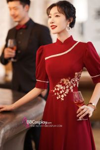 Váy Dạ Hội Đỏ Dài Thêu Hoa Đi Tiệc Đón Khách Lễ Khai Trương