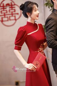 Váy Dạ Hội Đỏ Dài Thêu Hoa Đi Tiệc Đón Khách Lễ Khai Trương