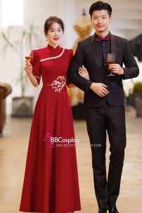 Váy Dạ Hội Đỏ Dài Thêu Hoa Đi Tiệc Đón Khách Lễ Khai Trương