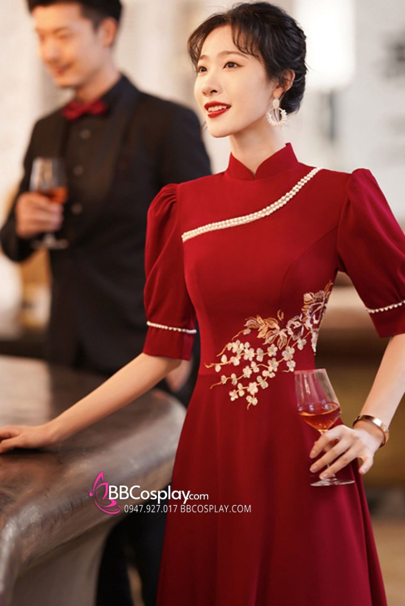 Váy Dạ Hội Đỏ Dài Thêu Hoa Đi Tiệc Đón Khách Lễ Khai Trương