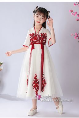 Đầm Trung Hoa Trắng Vàng Thêu Hoa Cho Bé - Ngân Tuyết