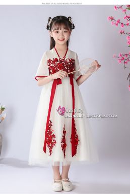 Đầm Trung Hoa Trắng Vàng Thêu Hoa Cho Bé - Ngân Tuyết