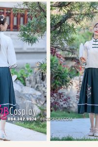 Đồ Hằng Nga Cổ Tàu Áo Trắng Váy Xanh