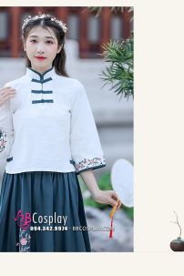 Đồ Hằng Nga Cổ Tàu Áo Trắng Váy Xanh