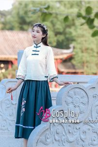 Đồ Hằng Nga Cổ Tàu Áo Trắng Váy Xanh
