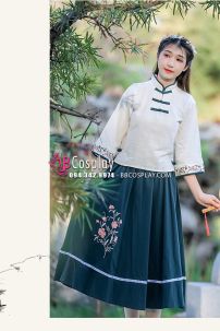 Đồ Hằng Nga Cổ Tàu Áo Trắng Váy Xanh