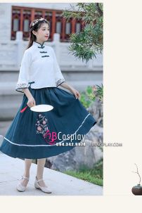 Đồ Hằng Nga Cổ Tàu Áo Trắng Váy Xanh