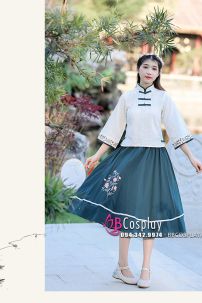 Đồ Hằng Nga Cổ Tàu Áo Trắng Váy Xanh