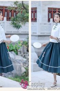 Đồ Hằng Nga Cổ Tàu Áo Trắng Váy Xanh