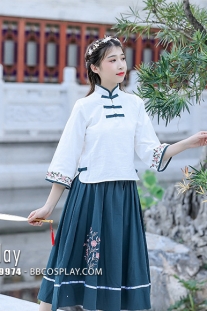 Trang Phục Hằng Nga Cổ Tàu Áo Trắng Váy Xanh